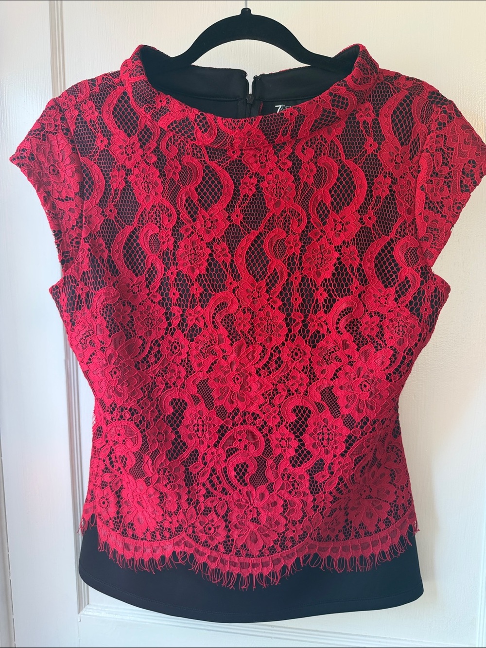 Women's Red Lace Cap-Sleeve Blouse with Black Lining
